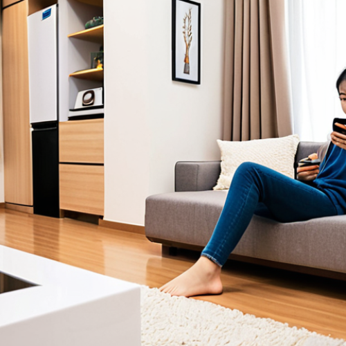 Home 19 **Image Prompt:** A modern, bright living room in a Vietnamese home. A robot vacuum is autonomously cleaning under a sofa. In the background, a person is relaxing on the sofa, using a smartphone. The scene conveys convenience and a clean, modern aesthetic. Style: Realistic, with warm lighting.