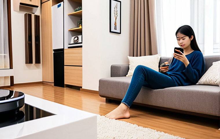 **Image Prompt:** A modern, bright living room in a Vietnamese home. A robot vacuum is autonomously cleaning under a sofa. In the background, a person is relaxing on the sofa, using a smartphone. The scene conveys convenience and a clean, modern aesthetic. Style: Realistic, with warm lighting.