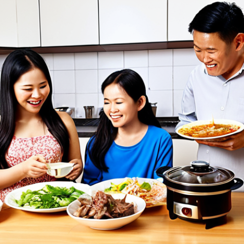 Home 18 **Prompt 1:** A modern, warm Vietnamese kitchen. A sleek, multi-functional smart cooking robot is actively preparing a delicious traditional Vietnamese dish, such as "Bò Kho" (braised beef stew) or "Bún Riêu Cua" (crab noodle soup). In the foreground, a happy Vietnamese family, including parents and a child, are relaxing and enjoying their free time (e.g., reading or playing a board game) made possible by the robot's efficiency. The scene conveys convenience, family bonding, and effortless culinary delight.