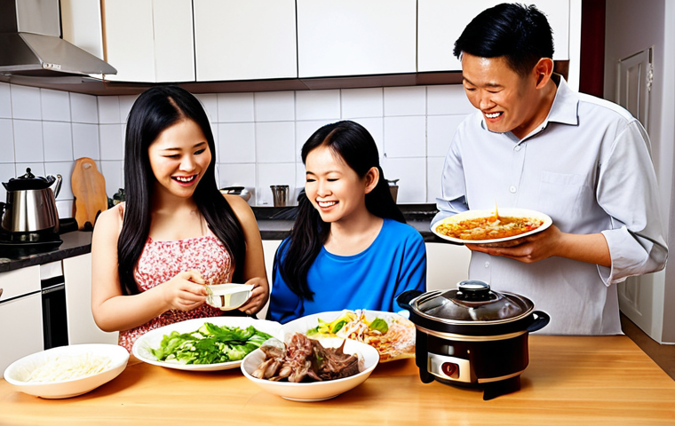 **Prompt 1:** A modern, warm Vietnamese kitchen. A sleek, multi-functional smart cooking robot is actively preparing a delicious traditional Vietnamese dish, such as "Bò Kho" (braised beef stew) or "Bún Riêu Cua" (crab noodle soup). In the foreground, a happy Vietnamese family, including parents and a child, are relaxing and enjoying their free time (e.g., reading or playing a board game) made possible by the robot's efficiency. The scene conveys convenience, family bonding, and effortless culinary delight.