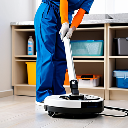 Home 17 A professional individual, fully clothed in a modest, clean technician's uniform, carefully inspecting and cleaning a sleek, modern robot vacuum cleaner. The robot is placed on a clean workbench in a well-lit home maintenance area. The individual's hands are gently wiping dust from the robot's HEPA filter. The image highlights the robot's main brush, side brushes, and sensors, showing a meticulous cleaning process. The background features an organized home utility room with shelves holding cleaning supplies. Professional photography, high detail, sharp focus, natural pose, perfect anatomy, correct proportions, well-formed hands, proper finger count, natural body proportions, safe for work, appropriate content, fully clothed, professional dress.