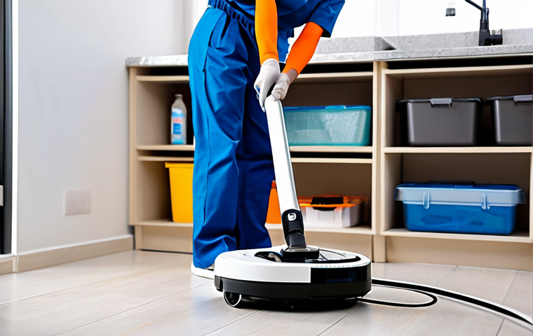 A professional individual, fully clothed in a modest, clean technician's uniform, carefully inspecting and cleaning a sleek, modern robot vacuum cleaner. The robot is placed on a clean workbench in a well-lit home maintenance area. The individual's hands are gently wiping dust from the robot's HEPA filter. The image highlights the robot's main brush, side brushes, and sensors, showing a meticulous cleaning process. The background features an organized home utility room with shelves holding cleaning supplies. Professional photography, high detail, sharp focus, natural pose, perfect anatomy, correct proportions, well-formed hands, proper finger count, natural body proportions, safe for work, appropriate content, fully clothed, professional dress.