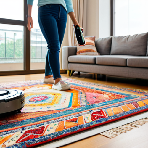 Home 8 **
A modern Vietnamese apartment living room with light wooden floors. A woman, fully clothed in comfortable, modest home wear, smiles as she watches a robot vacuum cleaner navigate around a colorful area rug. The robot is diligently cleaning near a low coffee table with a bowl of fruit on it. Sunlight streams in through a large window. "Safe for work," "appropriate content," "fully clothed," "family-friendly," "perfect anatomy," "correct proportions," "natural pose," "well-formed hands," "proper finger count," "natural body proportions," "high quality," "professional photography".
**