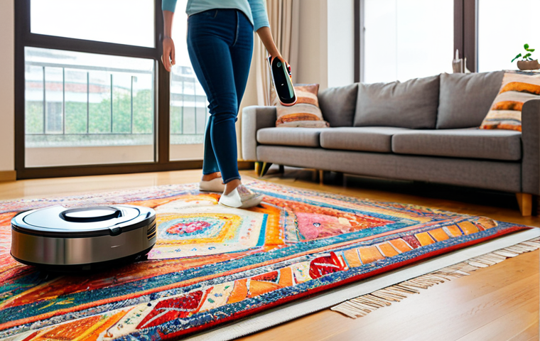 **
A modern Vietnamese apartment living room with light wooden floors. A woman, fully clothed in comfortable, modest home wear, smiles as she watches a robot vacuum cleaner navigate around a colorful area rug. The robot is diligently cleaning near a low coffee table with a bowl of fruit on it. Sunlight streams in through a large window. "Safe for work," "appropriate content," "fully clothed," "family-friendly," "perfect anatomy," "correct proportions," "natural pose," "well-formed hands," "proper finger count," "natural body proportions," "high quality," "professional photography".
**