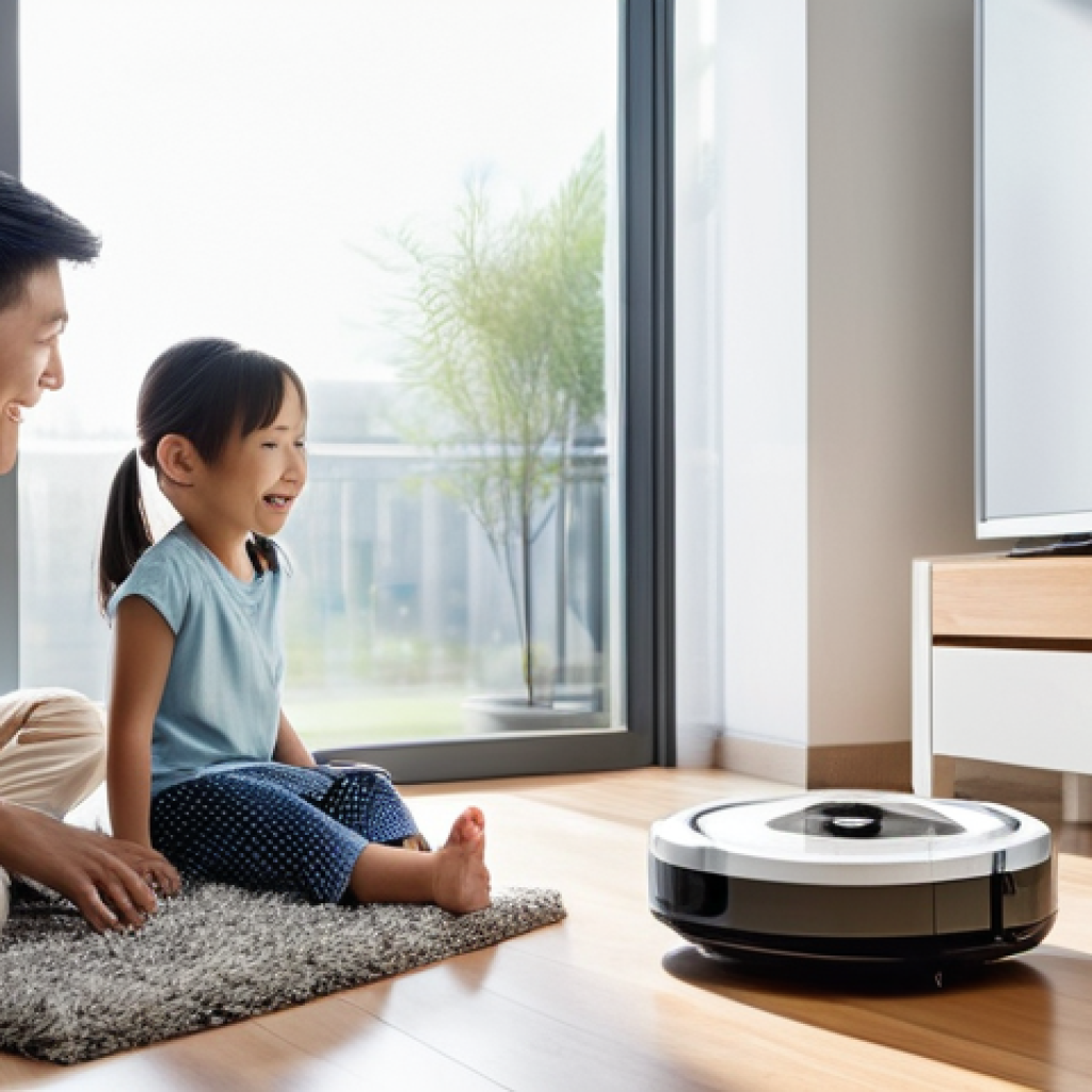 홈 로봇 활용을 위한 필수 앱 소개 - **Prompt:** A sleek, modern robot vacuum cleaner autonomously navigating a brightly lit, contemporar...