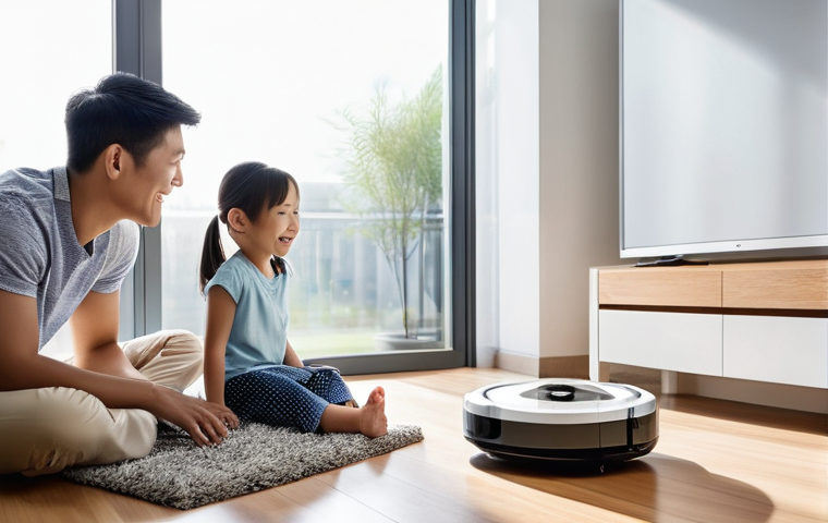 홈 로봇 활용을 위한 필수 앱 소개 - **Prompt:** A sleek, modern robot vacuum cleaner autonomously navigating a brightly lit, contemporar...