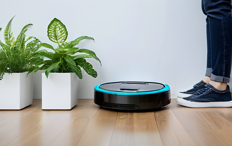 홈 로봇 활용을 위한 필수 앱 소개 - **Prompt:** A sleek, modern robot vacuum cleaner autonomously navigating a brightly lit, contemporar...
