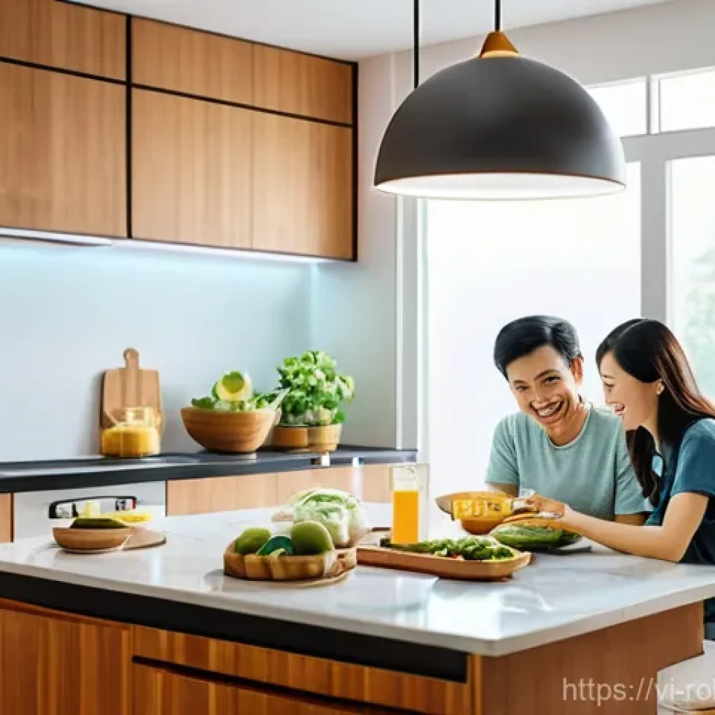 로봇 주방 기기의 사용법과 장점 - **Prompt:** A vibrant and modern Vietnamese kitchen during a family meal. A mother, father, and thei...