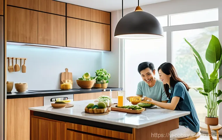 로봇 주방 기기의 사용법과 장점 - **Prompt:** A vibrant and modern Vietnamese kitchen during a family meal. A mother, father, and thei...