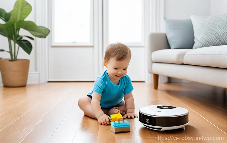 로봇 청소기와 전통 청소기 비교 - **Prompt 1: Smart Navigation in a Family Home**
"A brightly lit, modern living room bathed in na...