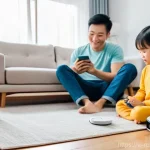 Home 20 홈 로봇으로 가정의 효율성을 높이는 팁 - **Prompt 1: A Peaceful Vietnamese Family Morning with Robot Vacuum**
A wide-angle shot of a brig...