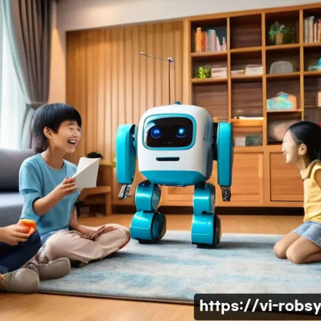 홈 로봇으로 가족과의 소통 방법 - **Prompt:** A heartwarming scene inside a modern, bright Vietnamese living room. A friendly, medium-...