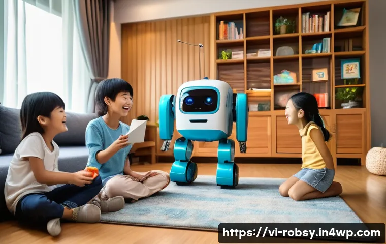 홈 로봇으로 가족과의 소통 방법 - **Prompt:** A heartwarming scene inside a modern, bright Vietnamese living room. A friendly, medium-...