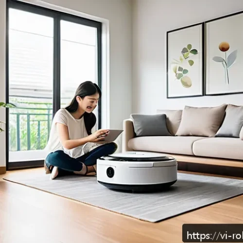 Home 29 스마트 로봇의 가격 동향과 선택 방법 - A modern Vietnamese living room scene featuring a family using a Xiaomi robot vacuum cleaner. The ro...