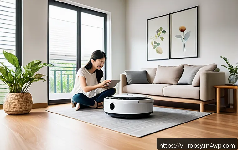 스마트 로봇의 가격 동향과 선택 방법 - A modern Vietnamese living room scene featuring a family using a Xiaomi robot vacuum cleaner. The ro...
