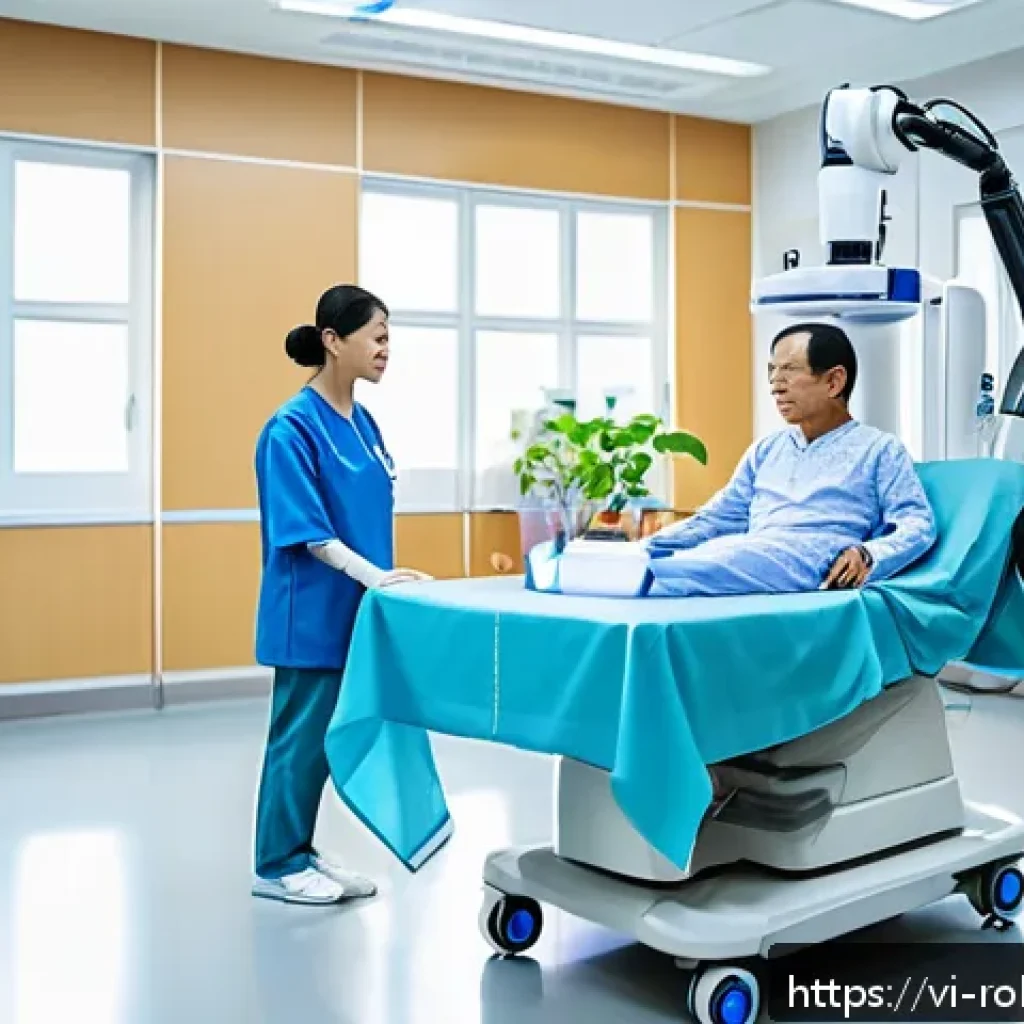 스마트 로봇의 다양한 활용 분야 - A modern Vietnamese hospital rehabilitation room featuring a smart medical robot assisting a middle-...