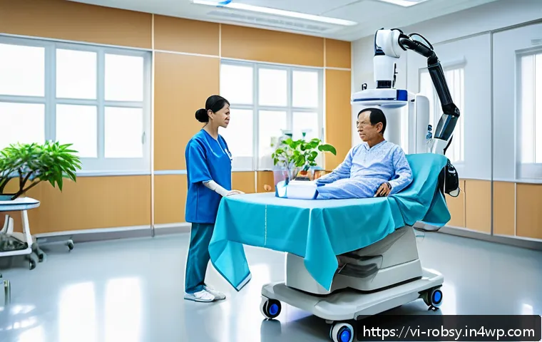 스마트 로봇의 다양한 활용 분야 - A modern Vietnamese hospital rehabilitation room featuring a smart medical robot assisting a middle-...