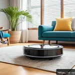 Home 21 로봇 기술 발전에 따른 가정생활 변화 - A modern Vietnamese family living room with a sleek robot vacuum cleaner actively cleaning the floor...