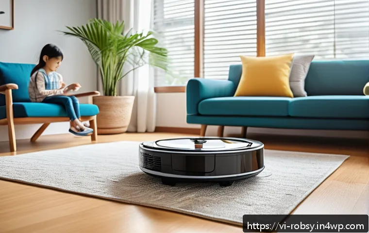 로봇 기술 발전에 따른 가정생활 변화 - A modern Vietnamese family living room with a sleek robot vacuum cleaner actively cleaning the floor...