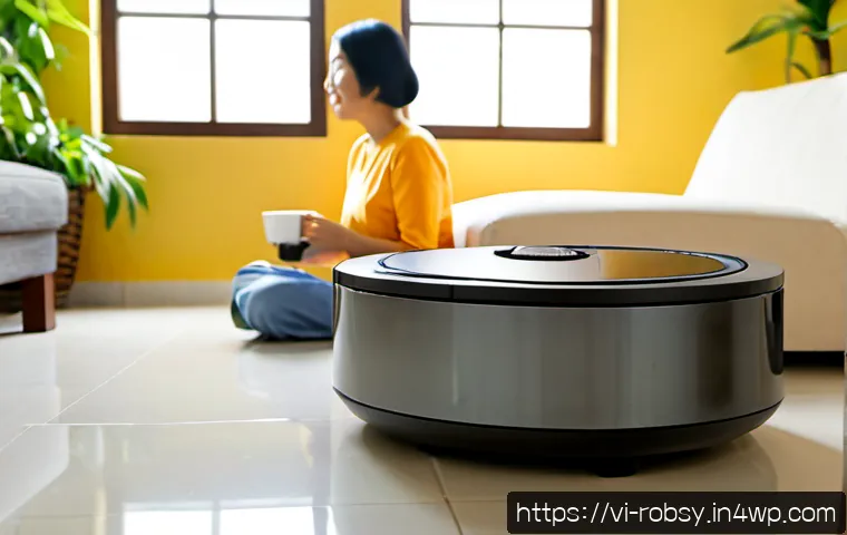 Home 17 로봇 청소기의 사용 후기와 도움 되는 팁 - Photorealistic bright Vietnamese apartment living room in the morning, a compact round robot vacuum ...