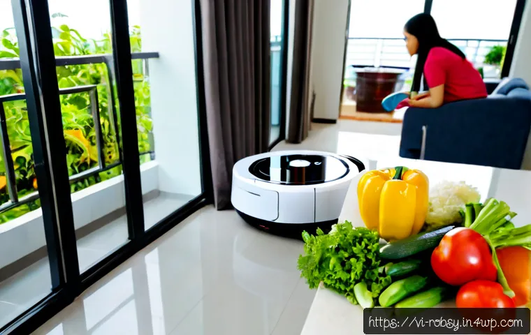 Home 17 홈 로봇 활용법 시간 절약의 비결 - Photorealistic modern Vietnamese family apartment in Ho Chi Minh City, a compact white home robot va...