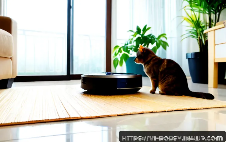로봇 청소기와 펫케어의 연관성 - Photorealistic modern Vietnamese apartment living room, a compact robotic vacuum carefully navigatin...