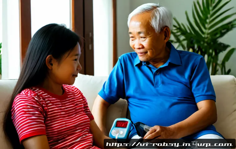 홈 로봇을 활용한 건강 관리 방법 - Photorealistic Vietnamese family living room in the morning, a friendly compact home health robot as...
